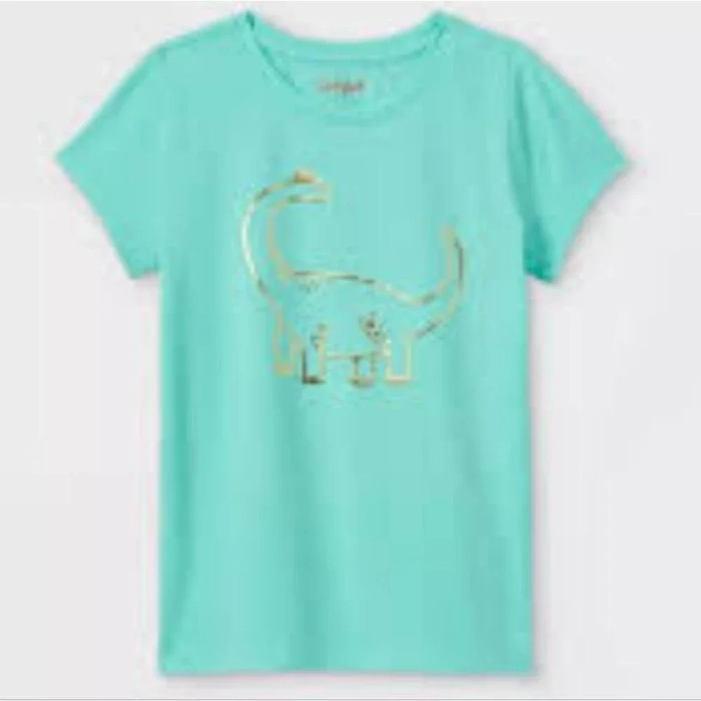 NWT Cat & Jack Light Blue Dinosaur Tee XL Girl's School Graphic Metallic Summer
